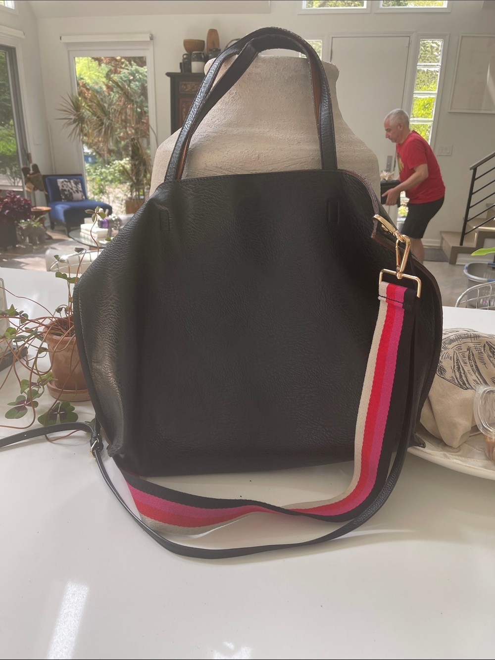 Free people Black vegan Leather Tote with Pink Accent Stripe Strap-reversible